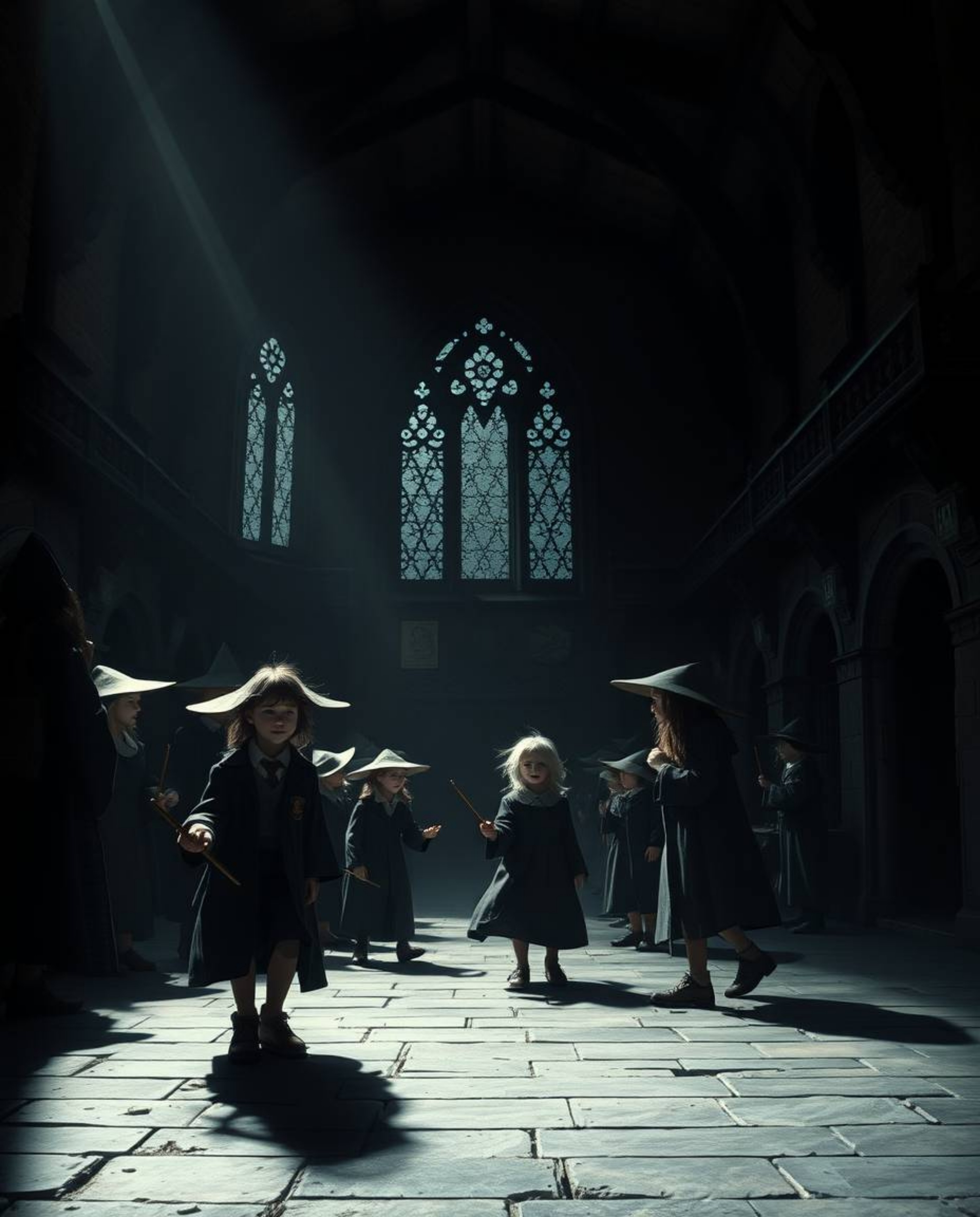 Discover captivating artwork depicting a magical school brimming with young wizards. The images utilize chiaroscuro lighting