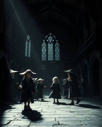 Discover captivating artwork depicting a magical school brimming with young wizards.  The images utilize chiaroscuro lighting