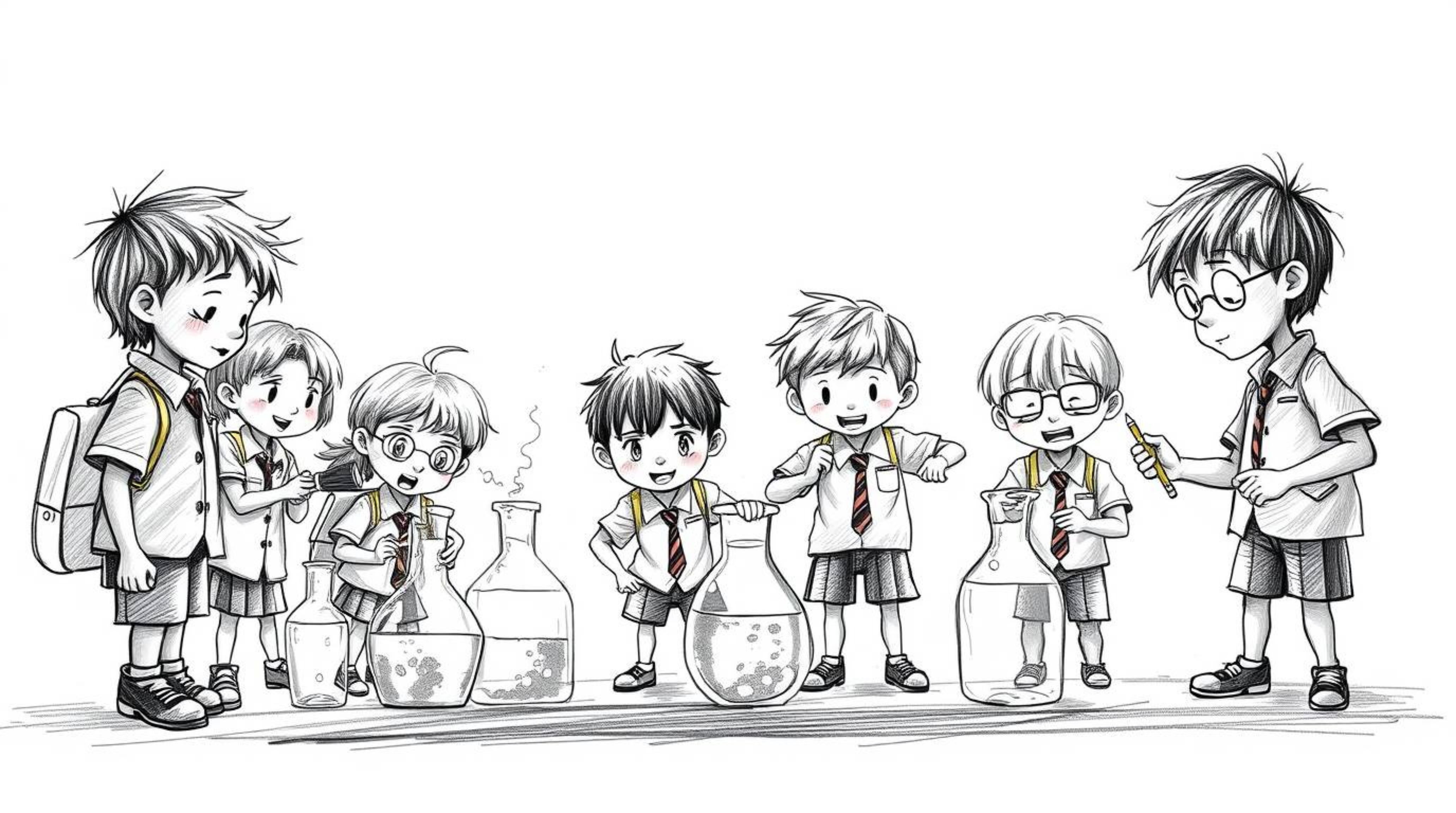 A captivating hand-drawn sketch showcases a group of quirky children in school uniforms conducting exciting science experimen