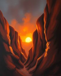 This is a moody and dynamic painting of a sunset illuminating sandstone cliffs in a canyon. The artist utilizes blurred lines