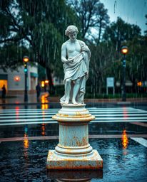 A captivating wet rainy scene features a classical sculpture adorned with a vibrant glitch effect, embodying a digital corrup
