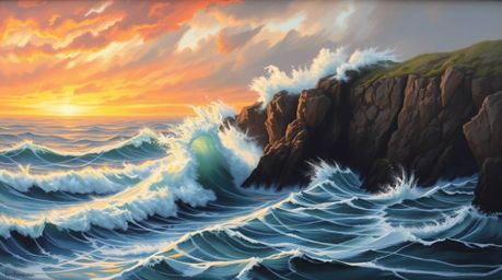 Experience the raw power of nature in this dynamic and intense painting. Waves crash against rugged cliffs under a blazing su