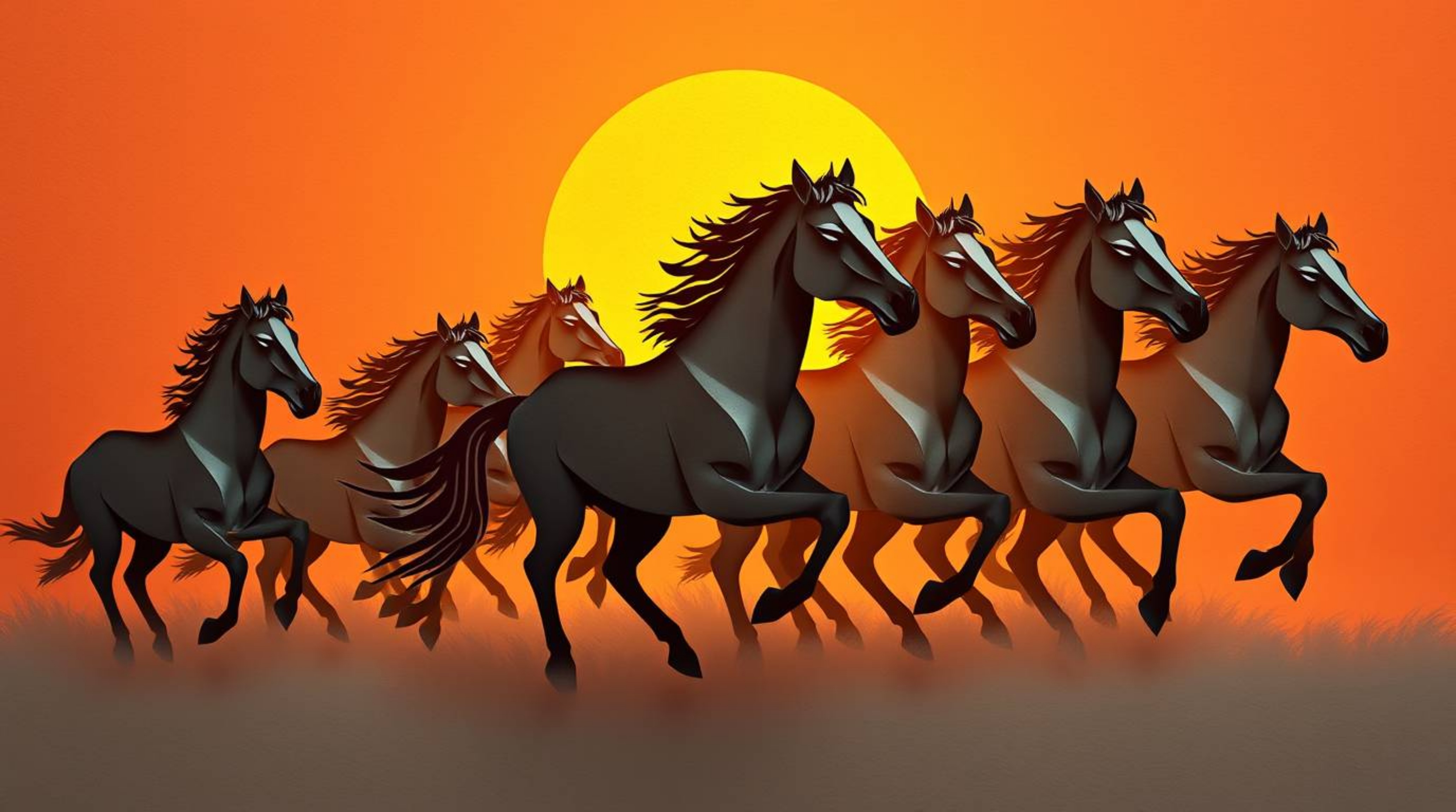 A captivating illustration depicting a herd of wild horses galloping under a radiant sky, rendered in an intricate origami-st