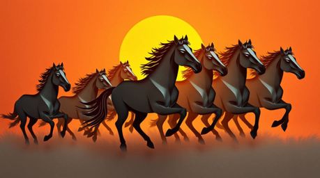 A captivating illustration depicting a herd of wild horses galloping under a radiant sky, rendered in an intricate origami-st