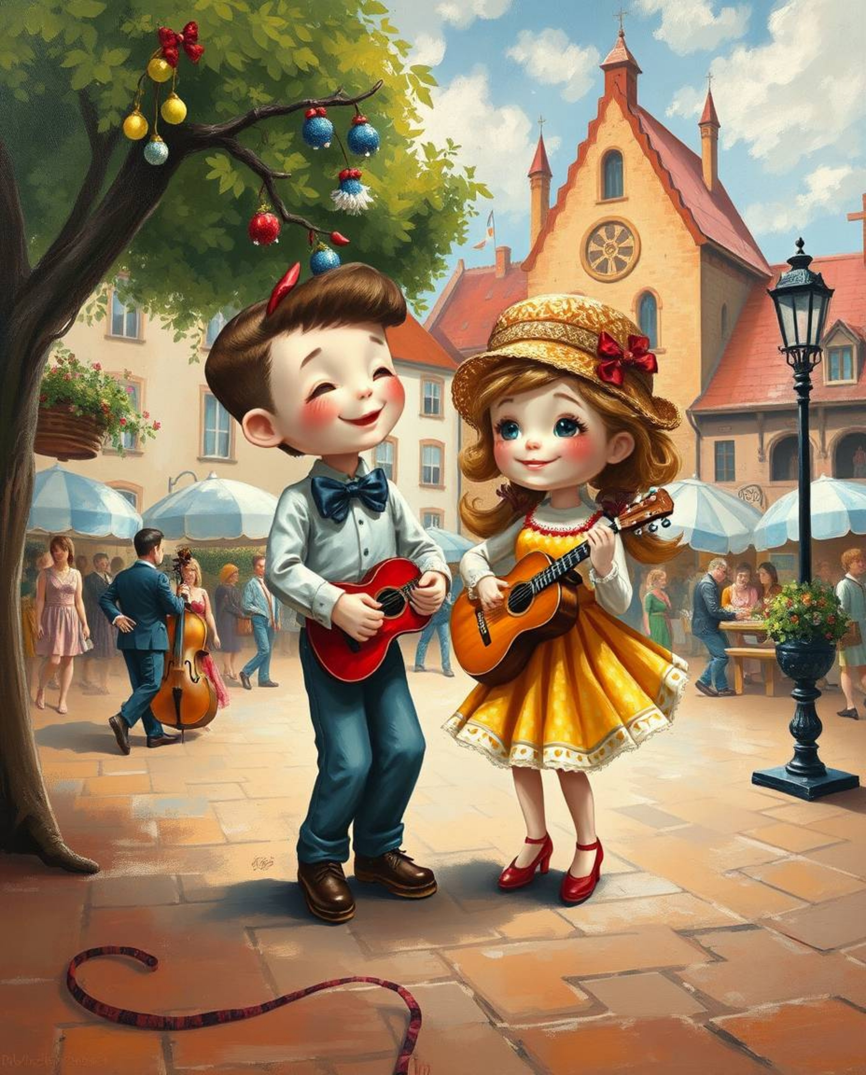 A captivating oil painting showcases a charming musical performance in a vibrant town square.  The artwork features adorable 