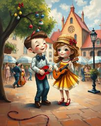 A captivating oil painting showcases a charming musical performance in a vibrant town square. The artwork features adorable