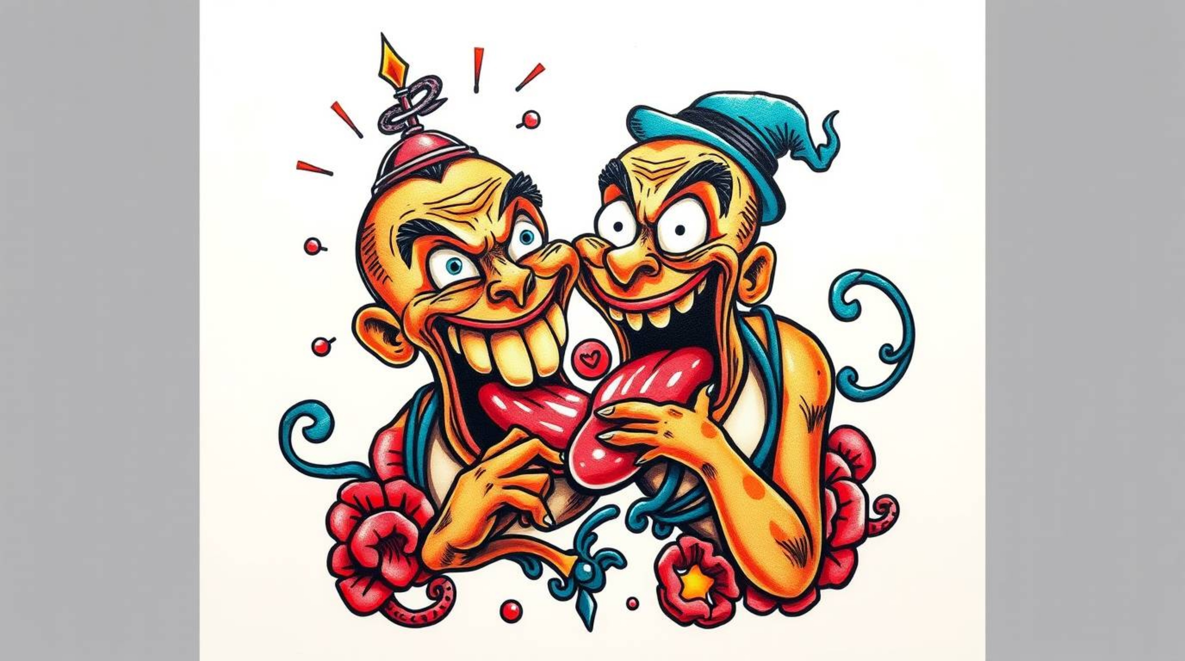 A vibrant and detailed tattoo art print showcasing a hilarious gross-out comedy moment with exaggerated expressions.  The des