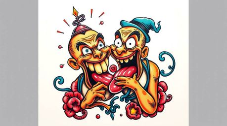 A vibrant and detailed tattoo art print showcasing a hilarious gross-out comedy moment with exaggerated expressions.  The des