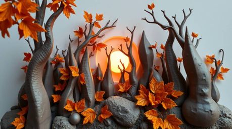 A captivating clay sculpture portrays an autumn forest bathed in the golden light of a setting sun.  The artwork features ele