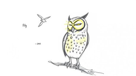 A heartwarming hand-drawn sketch in the style of Pixar portrays a blind owl with luminous feathers, bathed in a sunbeam, dedi