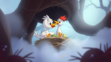This captivating animation showcases two cartoon birds diligently constructing their nest in a classic animation style.  The 