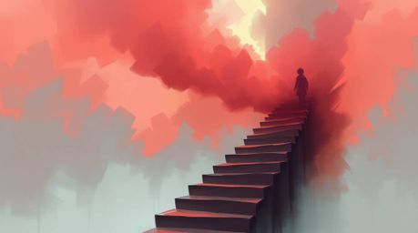 A captivating digital sketch depicts a winding stairway of smoke and light ascending into a misty sky.  Rendered in complemen