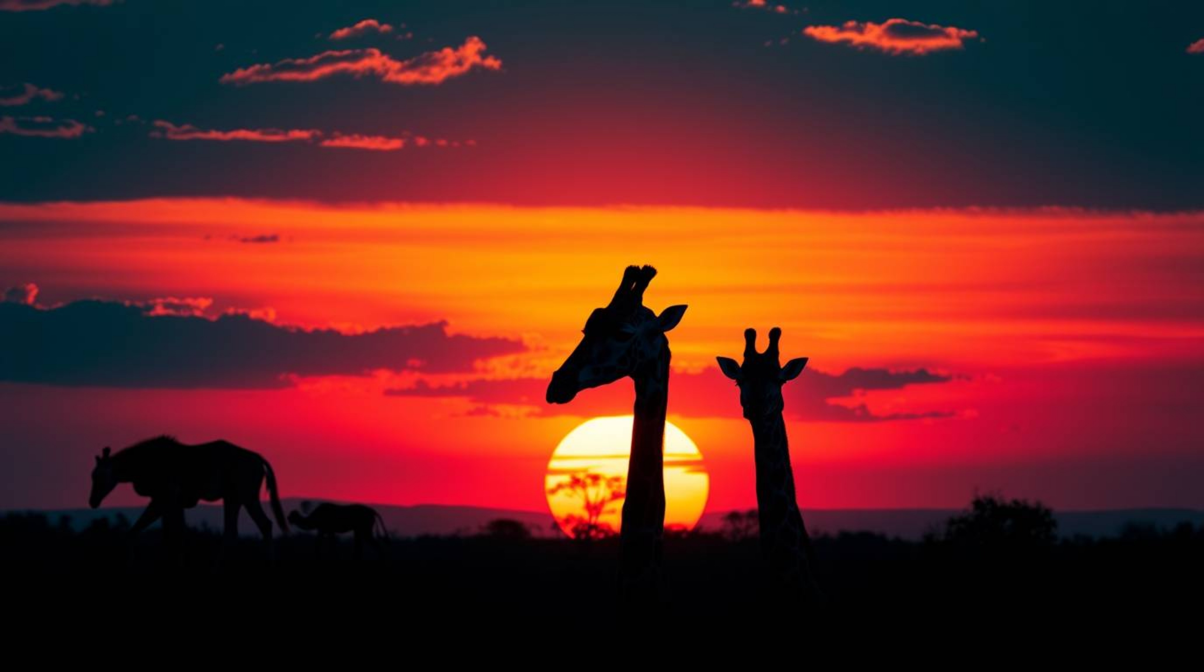 Experience the captivating beauty of a luxurious savanna sunset. This digital artwork features silhouetted giraffes rendered 