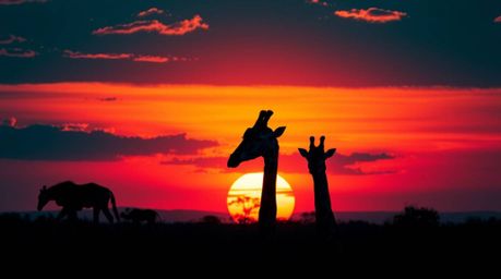 Experience the captivating beauty of a luxurious savanna sunset. This digital artwork features silhouetted giraffes rendered 