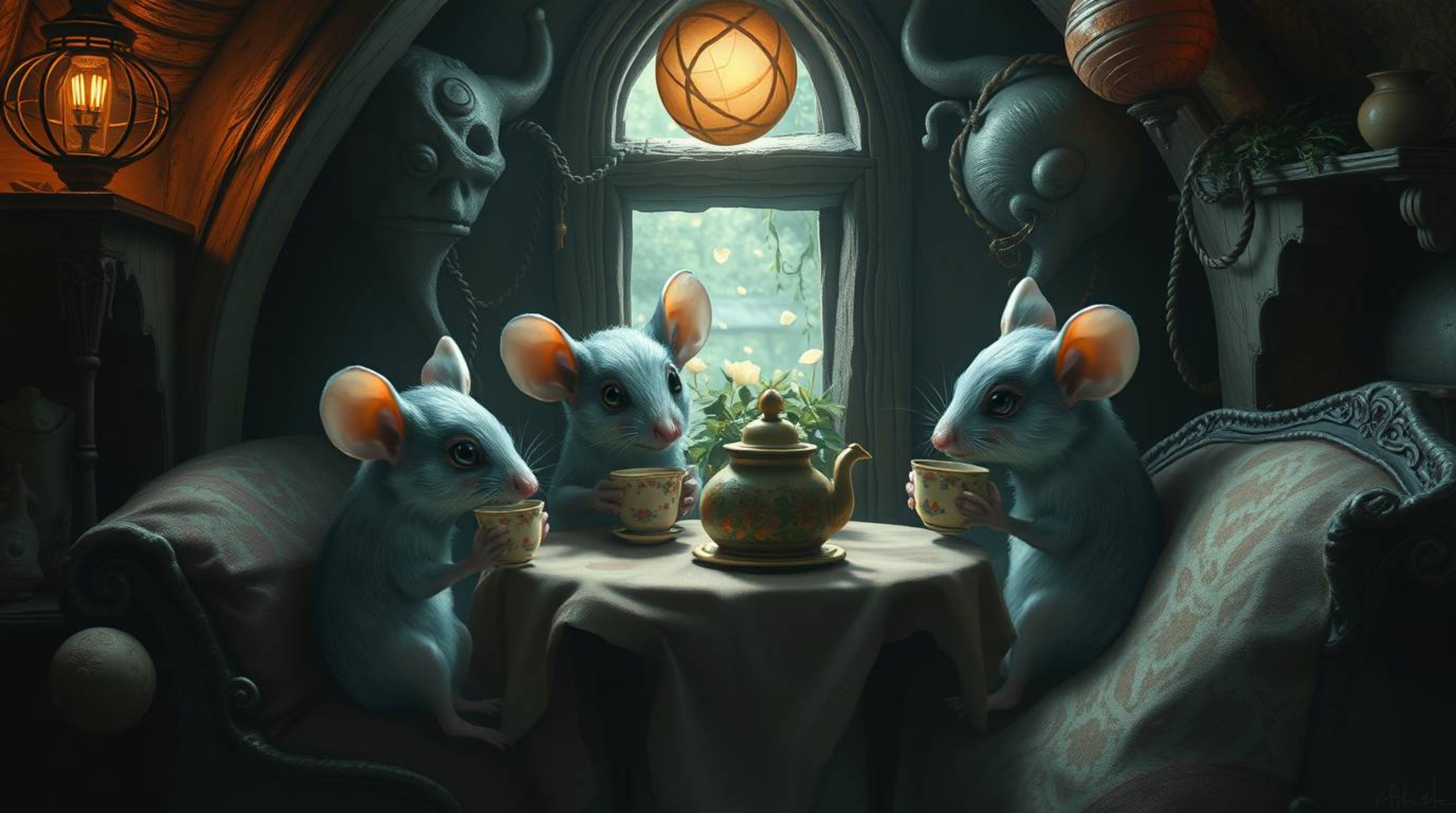 A captivating surreal digital painting depicts anthropomorphic mice enjoying a tea party in a cozy cottage. The artwork featu