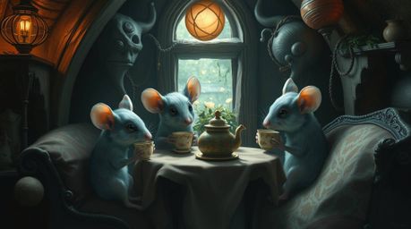 A captivating surreal digital painting depicts anthropomorphic mice enjoying a tea party in a cozy cottage. The artwork featu