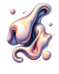 A captivating color sketchnote presents a bird's eye view of smooth, 3D fluid shapes adorned with metallic textures, graceful