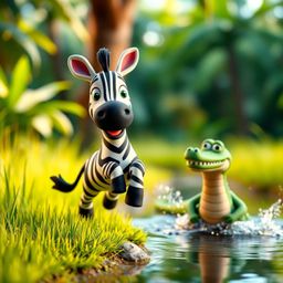 A charming sculptural clay art piece featuring a cute 3D cartoon zebra with expressive eyes and a friendly smile.  The zebra,