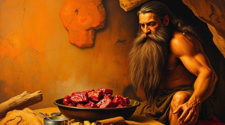 This painting depicts a caveman in a flow state, engrossed in the task of cooking mammoth meat. The artwork utilizes warm ton
