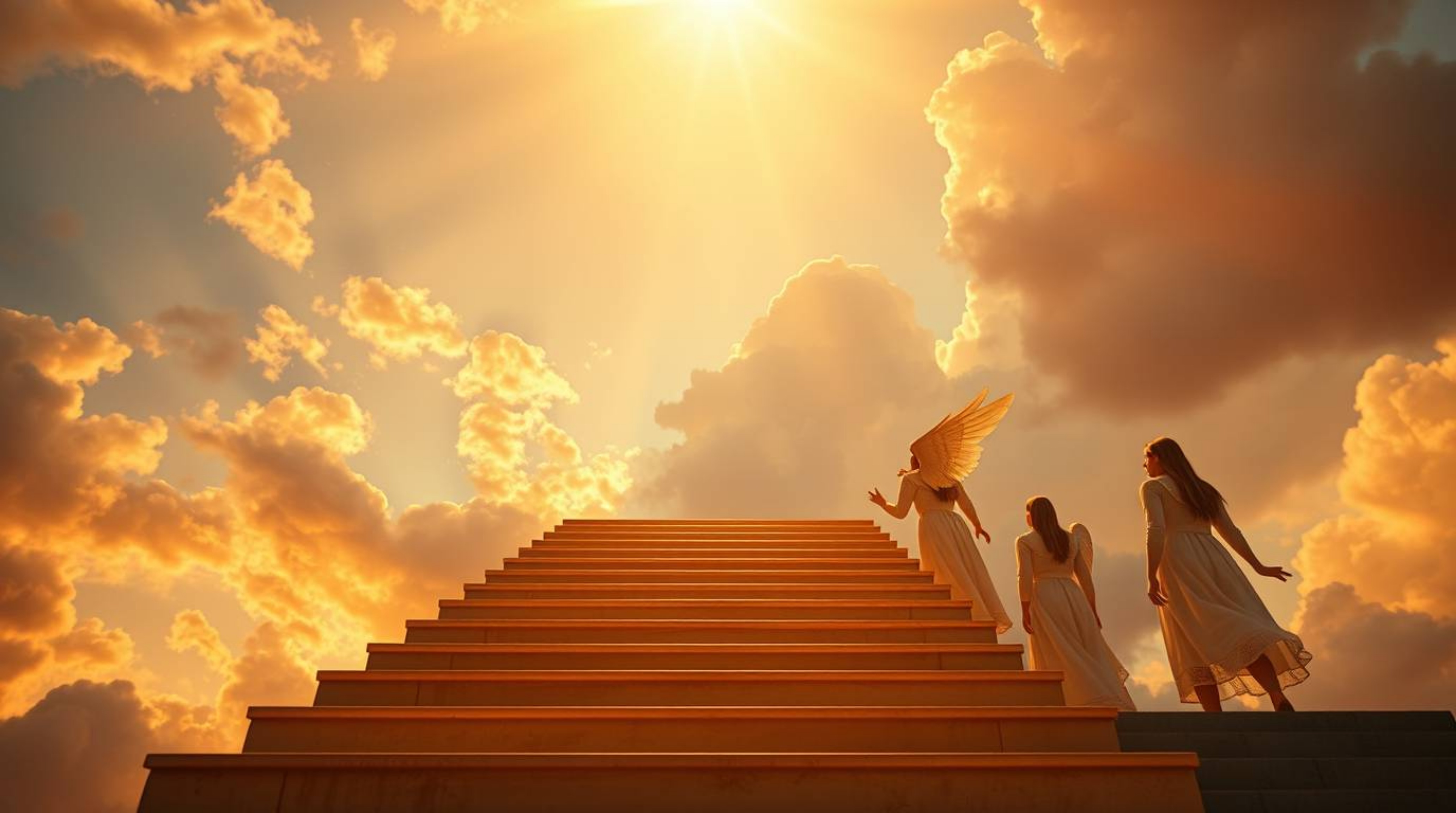 Experience a breathtaking scene from a low-angle perspective, where warm golden light illuminates steps made of pure light as