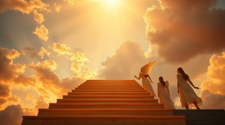 Experience a breathtaking scene from a low-angle perspective, where warm golden light illuminates steps made of pure light as
