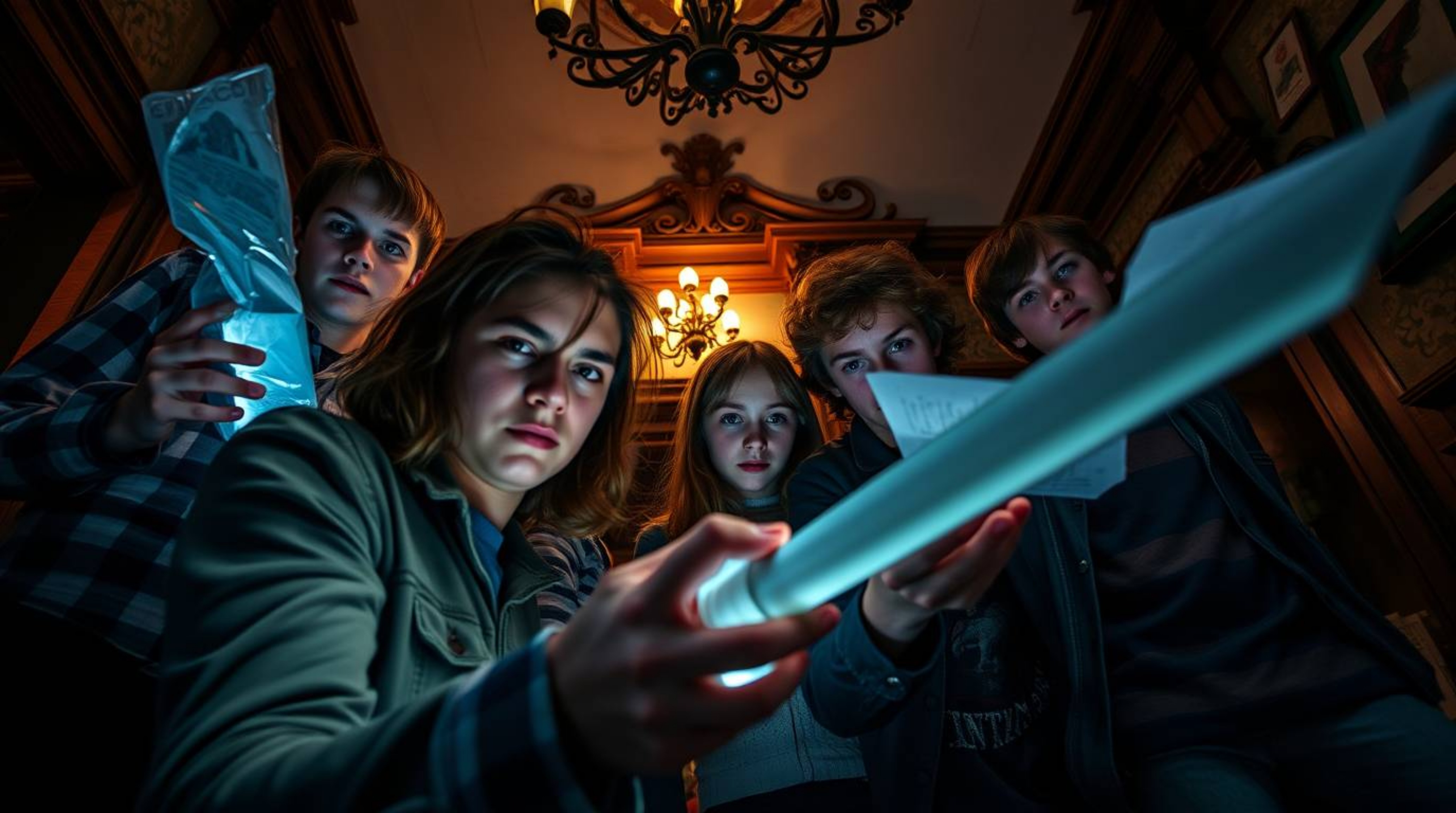 A captivating high-resolution stock photo depicts a group of teenagers immersed in solving mysteries within a haunted mansion