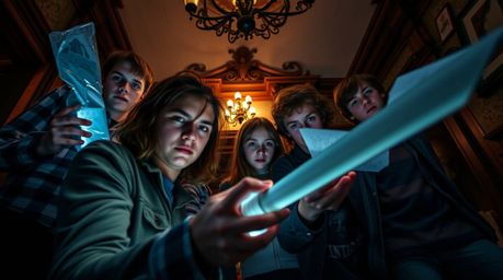A captivating high-resolution stock photo depicts a group of teenagers immersed in solving mysteries within a haunted mansion