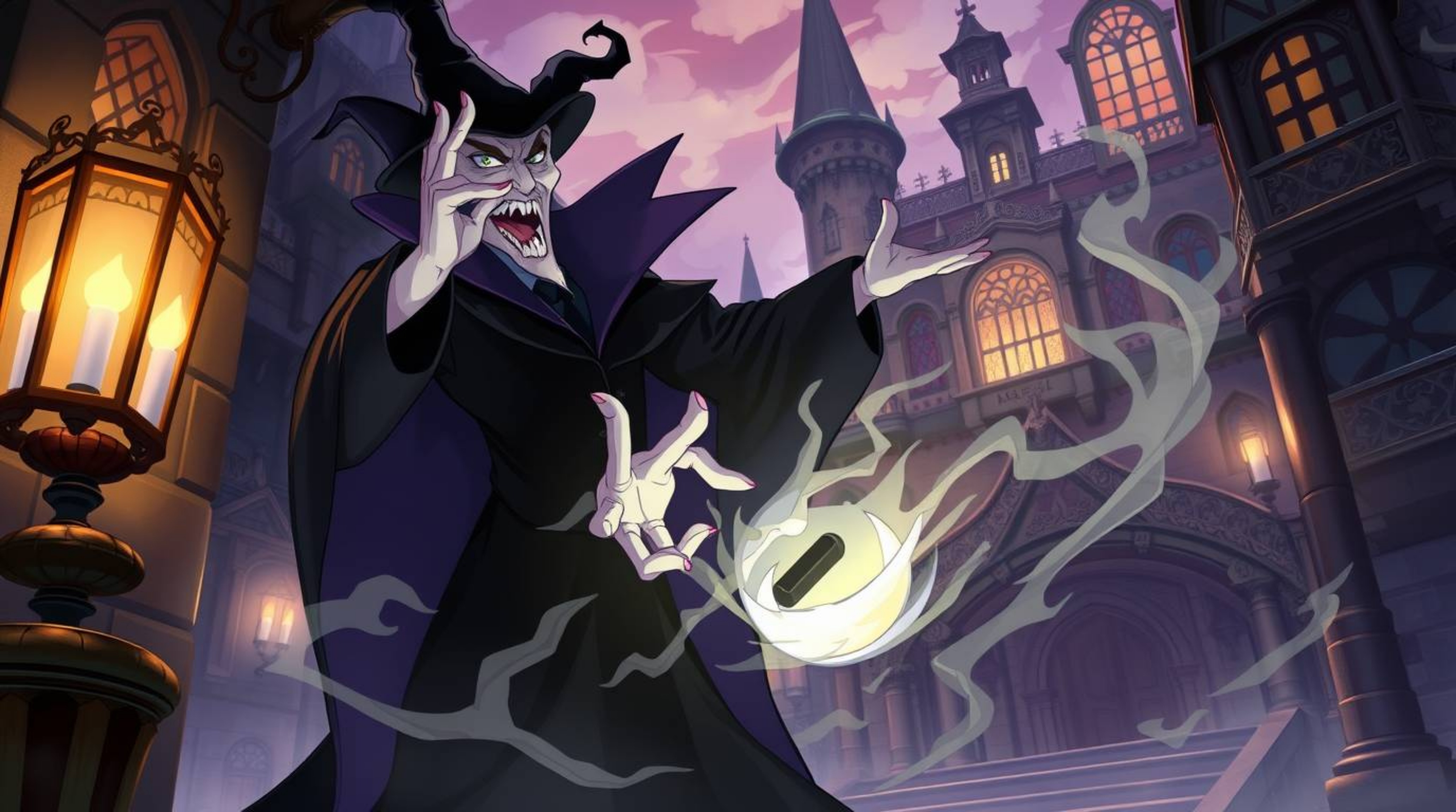 A captivating isekai-style illustration depicts a classic Disney villain with exaggerated features, casting a spell within an
