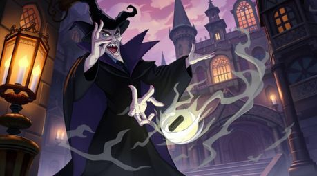 A captivating isekai-style illustration depicts a classic Disney villain with exaggerated features, casting a spell within an