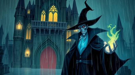 An ethereal and spiritual illustration depicting a classic Disney villain with otherworldly features casting a spell within a