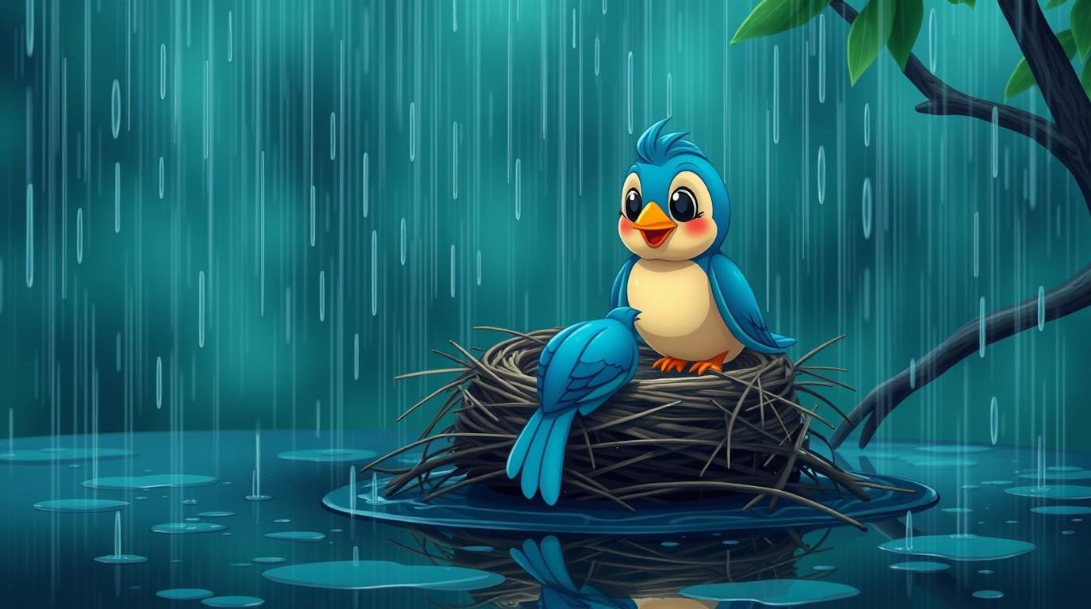 A charming animation depicting two cartoon birds diligently building a nest during a rich, deep teal rainy scene. Rendered i
