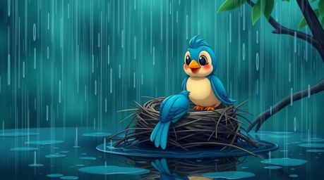 A charming animation depicting two cartoon birds diligently building a nest during a rich, deep teal rainy scene.  Rendered i