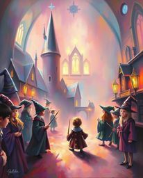 A bold acrylic painting captures a magical school teeming with young wizards, bathed in a soft, dreamy atmosphere and hazy li