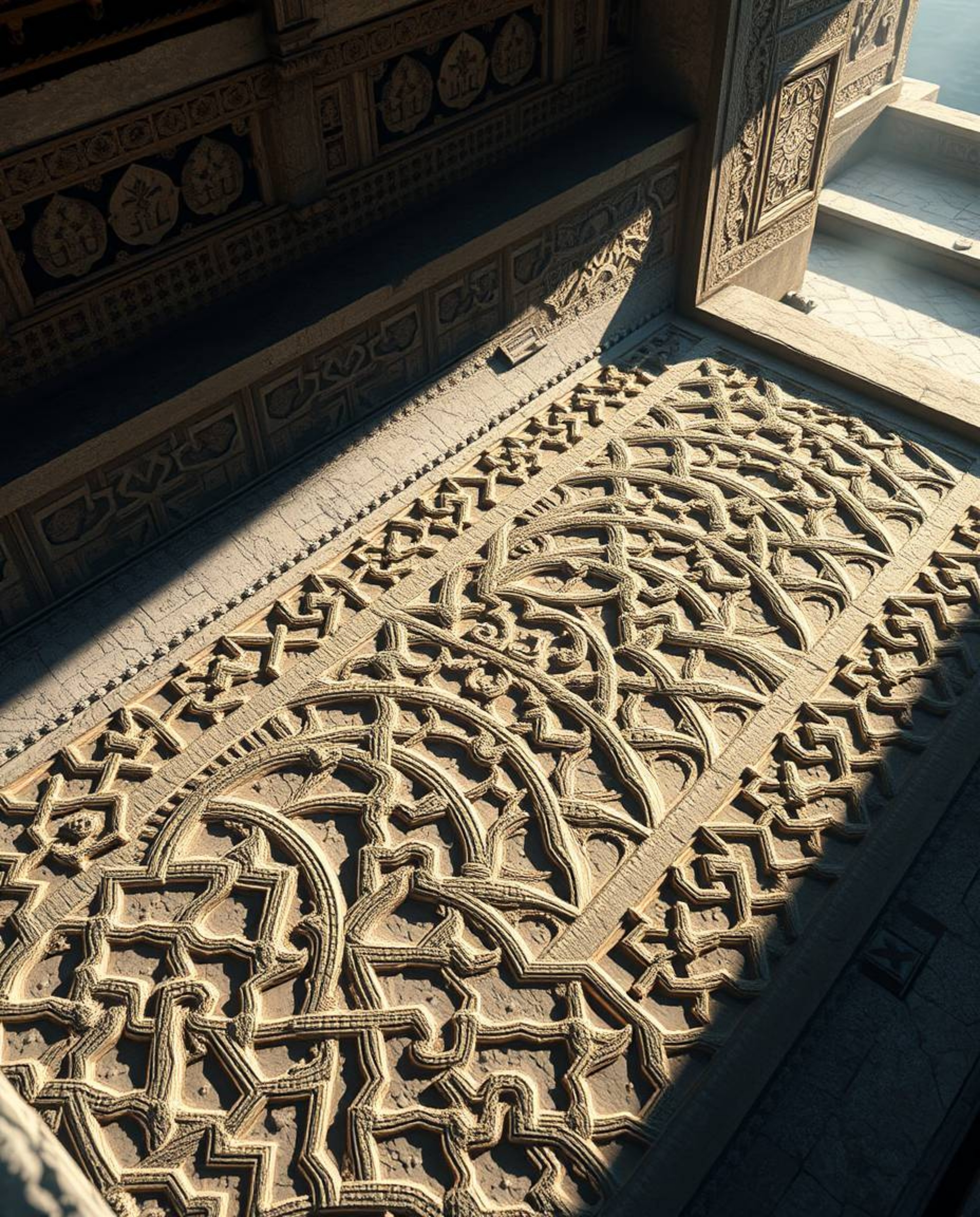 A stunning high-angle perspective captures the beauty of Islamic geometric patterns carved in stone, rendered in an Isekai an