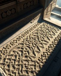 A stunning high-angle perspective captures the beauty of Islamic geometric patterns carved in stone, rendered in an Isekai an
