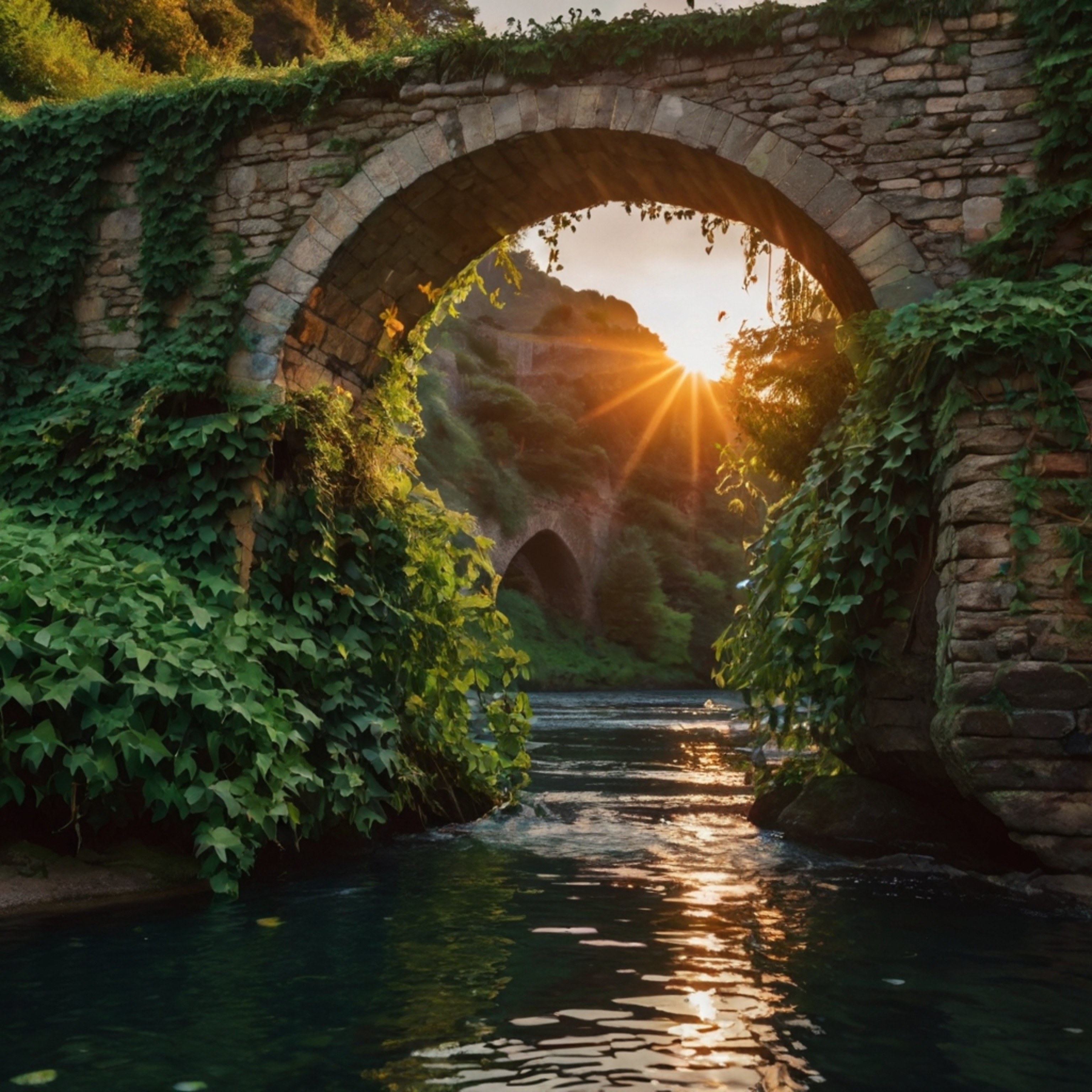 Capture the timeless beauty of an ancient stone bridge gracefully arching over a tranquil river.  Ivy climbs its weathered st