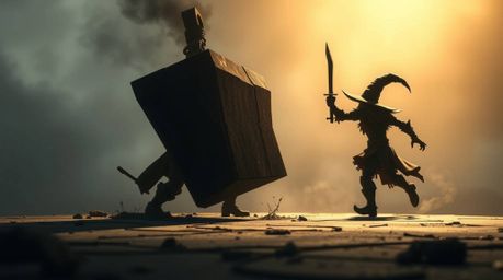 This image portrays a dramatic scene of an anvil about to fall on a trickster character. Rendered with a strong and moody aes