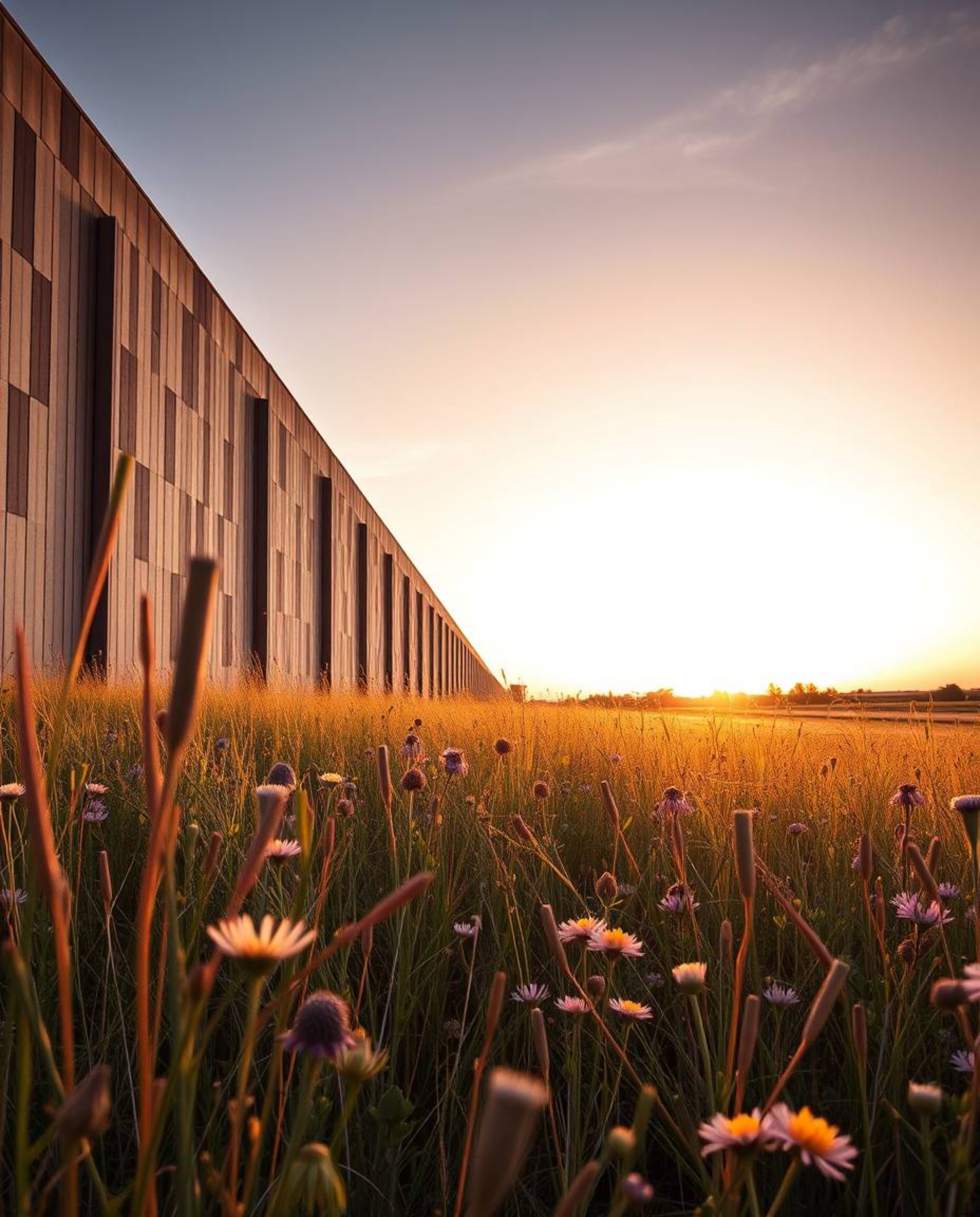 A precise architectural color photograph of a spring wildflower meadow at sunset, captured with a wide-angle lens. This image