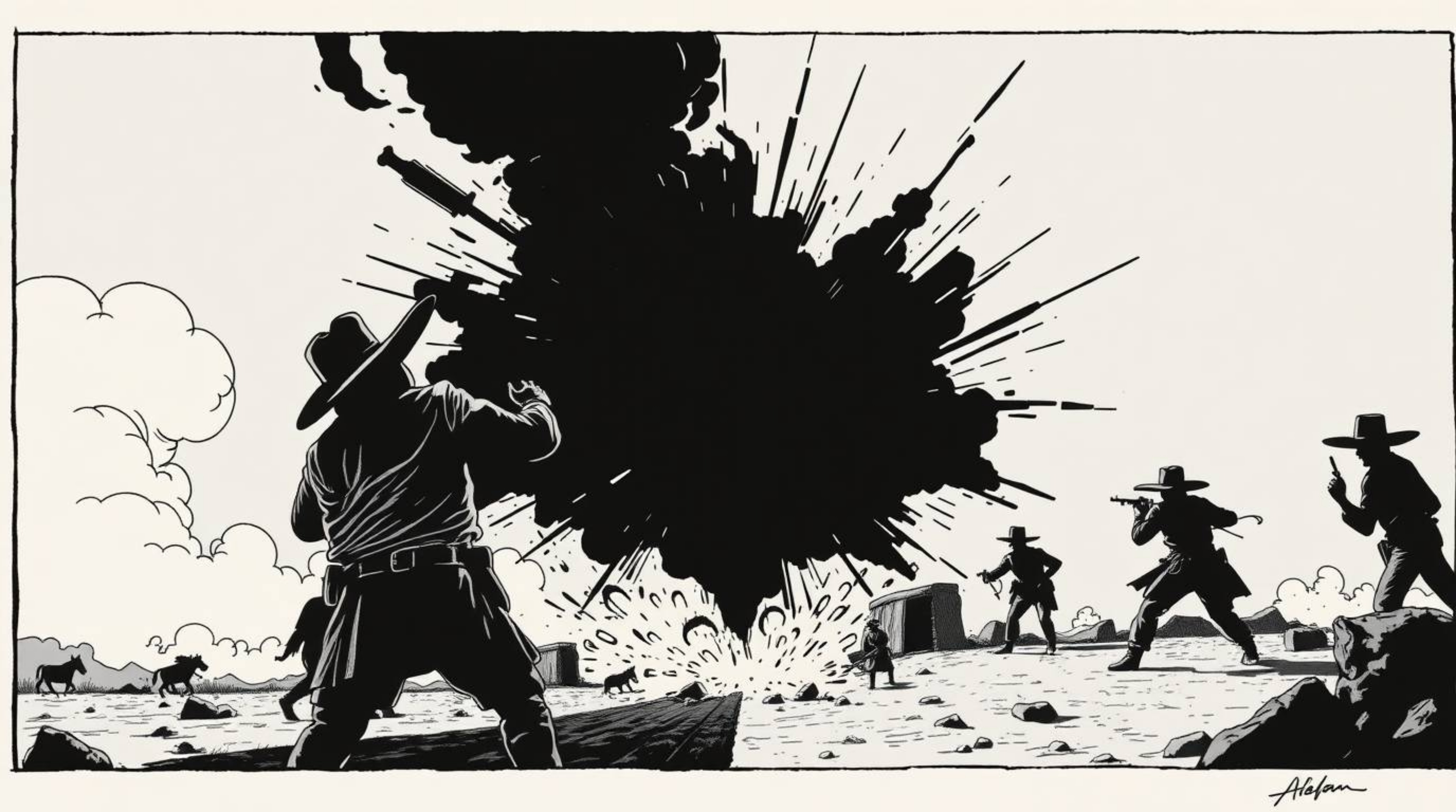 A classic exploding TNT gag set in the wild west is vividly brought to life with a distinct split chiaroscuro style.  The art