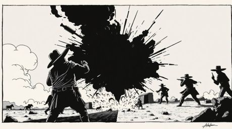 A classic exploding TNT gag set in the wild west is vividly brought to life with a distinct split chiaroscuro style.  The art