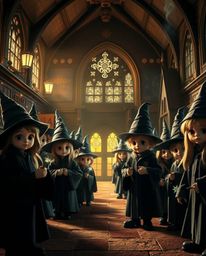 Explore a high-contrast image depicting an adorable and cute magical school teeming with young wizards.  The intense dramatic