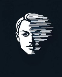 A striking logo design featuring geometric shapes and clean lines depicting a digital glitch transforming a human face into a