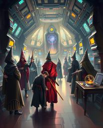 Explore a futuristic sci-fi digital painting depicting a magical school brimming with young wizards, seamlessly blending adva