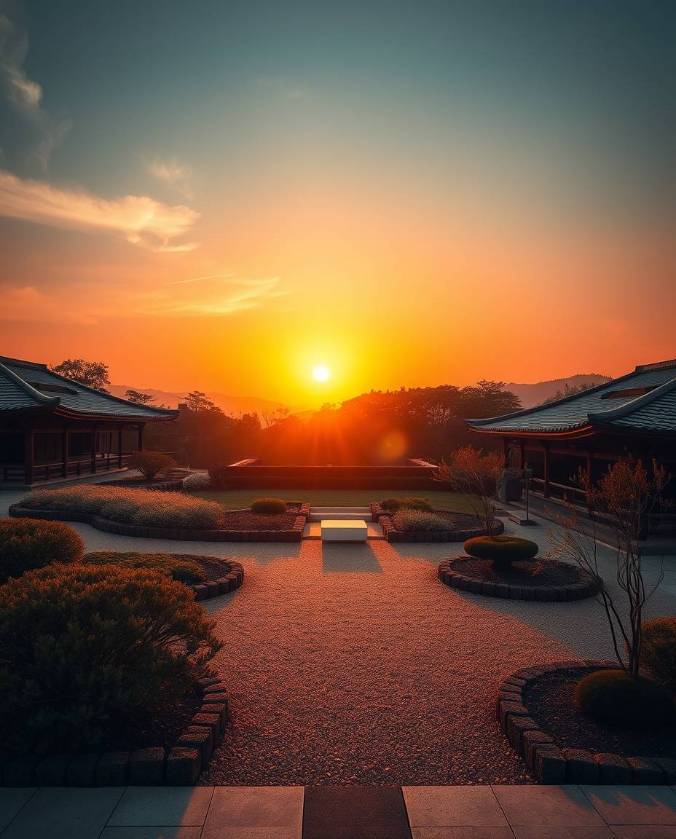 A professional fine art photograph of a sunset over a serene Zen garden, exhibiting intense dramatic lighting and high contra