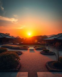 A professional fine art photograph of a sunset over a serene Zen garden, exhibiting intense dramatic lighting and high contra