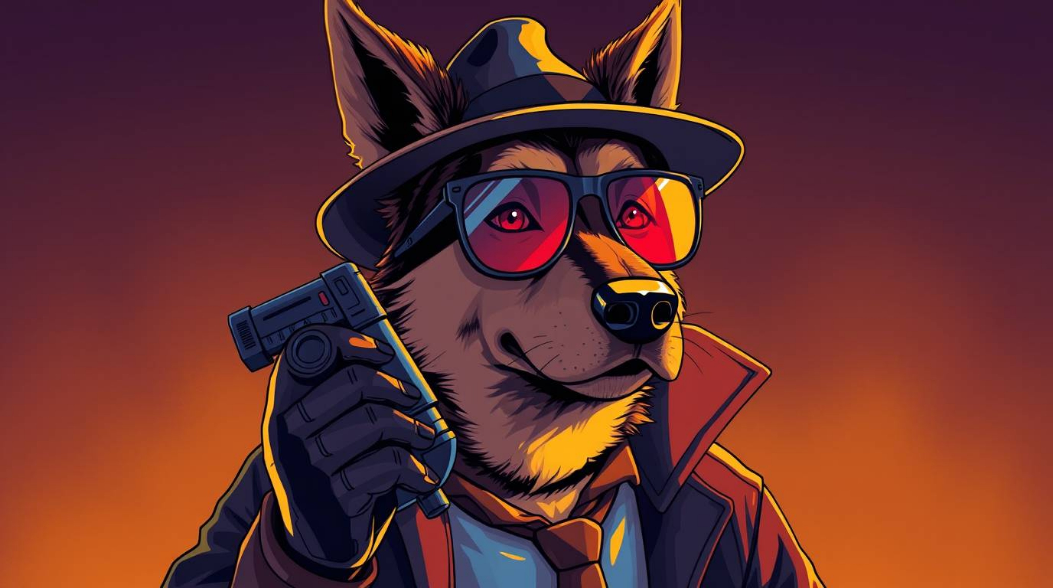 Explore a captivating illustration featuring a dog detective equipped with high-tech gadgets, rendered in a strong moody styl