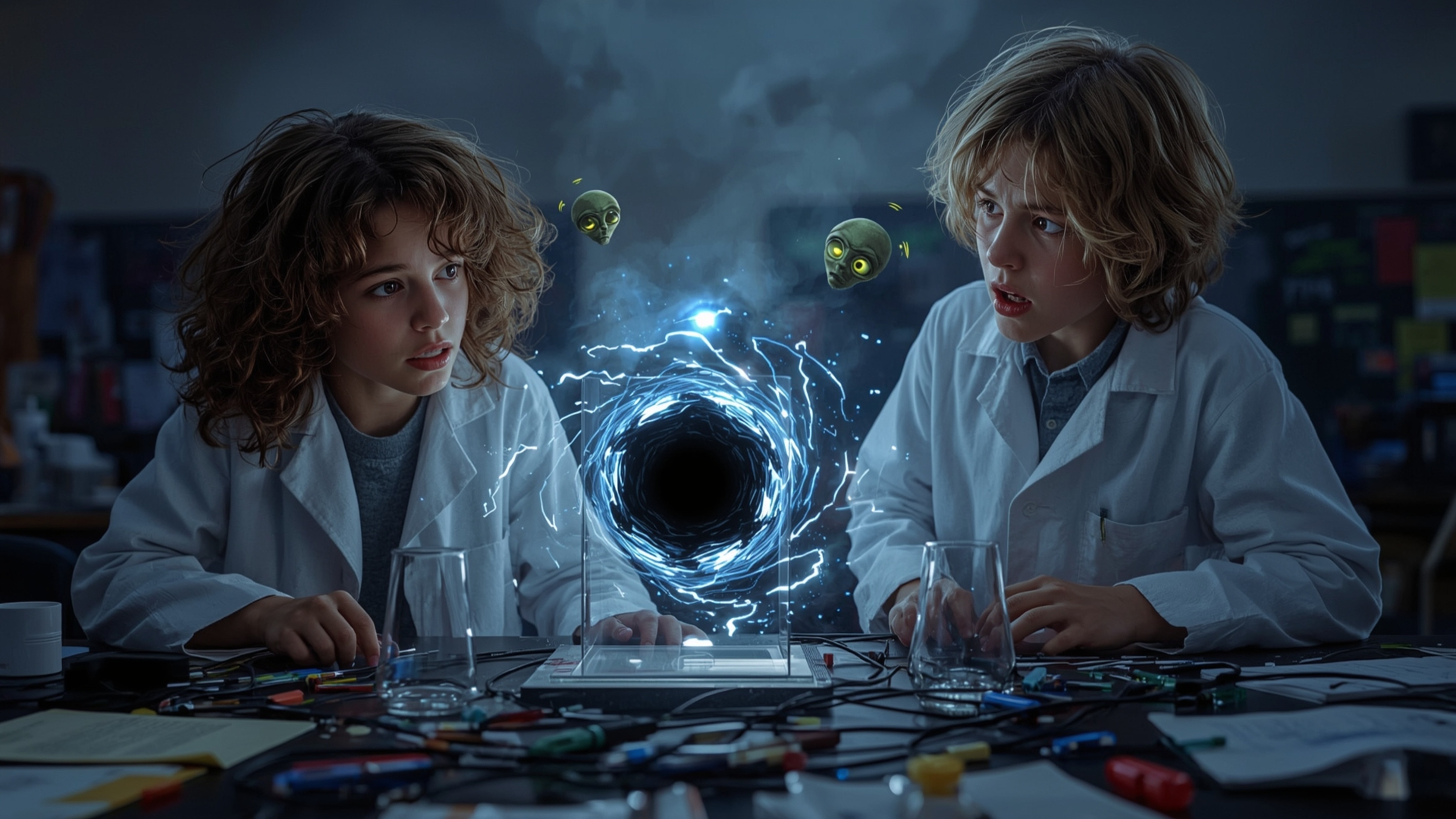 A dynamic, cinematic photograph, reminiscent of Pixar's vibrant style, captures a science fair duo amidst a cluttered table, 