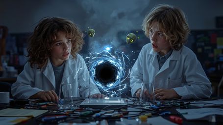 A dynamic, cinematic photograph, reminiscent of Pixar's vibrant style, captures a science fair duo amidst a cluttered table, 