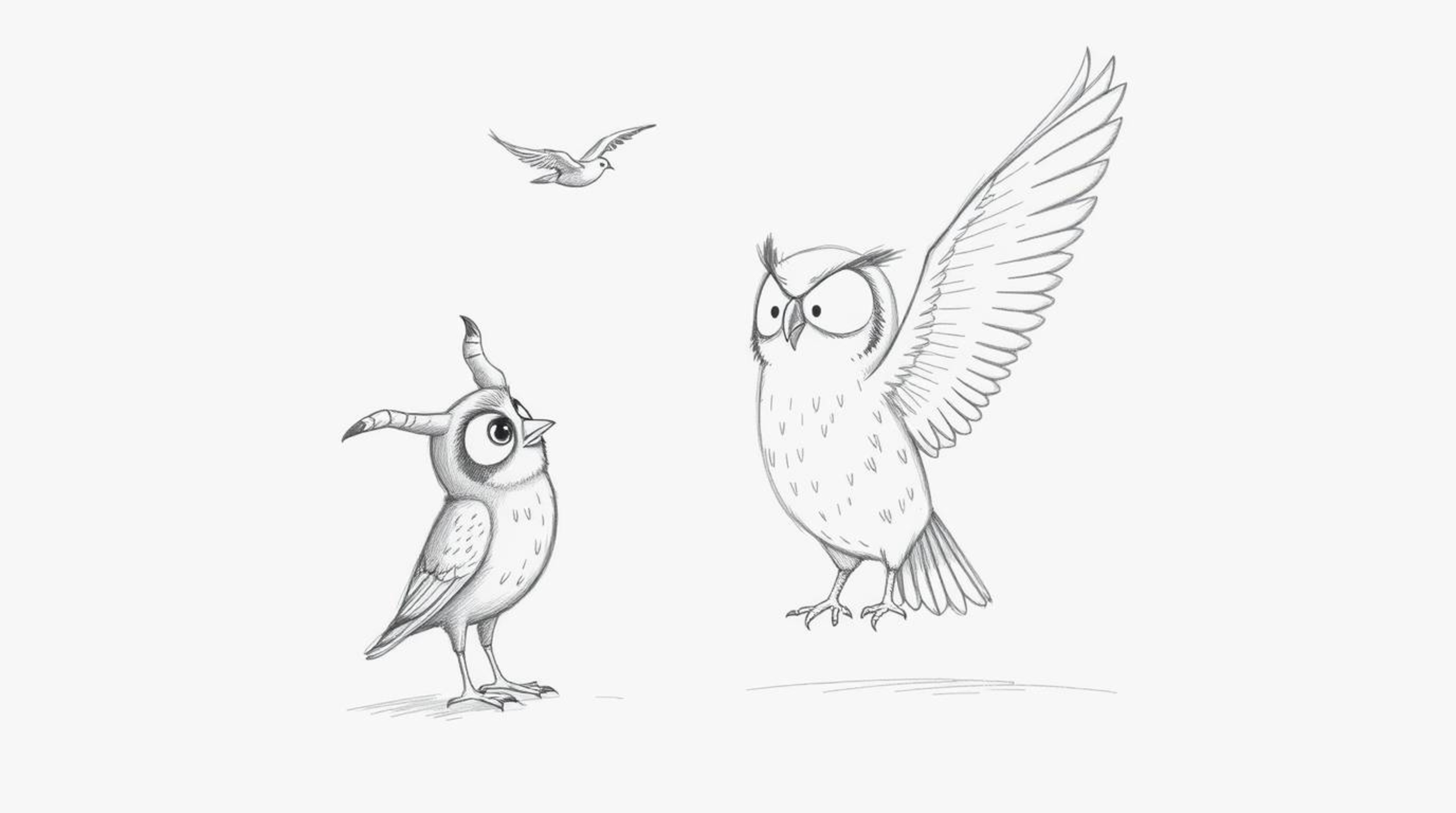 A heartwarming depiction of a blind owl mentoring birds in flight, rendered in the signature Pixar style. This hand-drawn ske