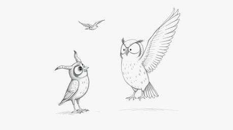 A heartwarming depiction of a blind owl mentoring birds in flight, rendered in the signature Pixar style. This hand-drawn ske